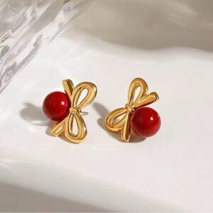 18k Gold Plated Red Glass Stone Bow Earrings
